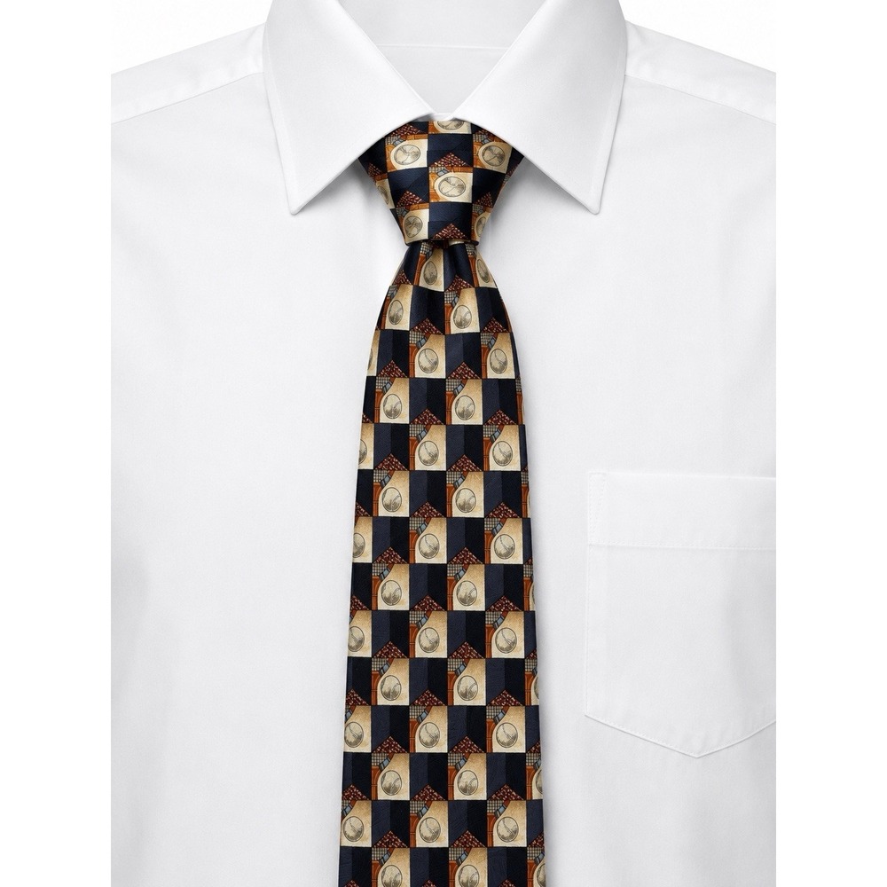 Ermenegildo Zegna Silk Necktie Mens Navy Beige Brown Geometric Medallion Italy